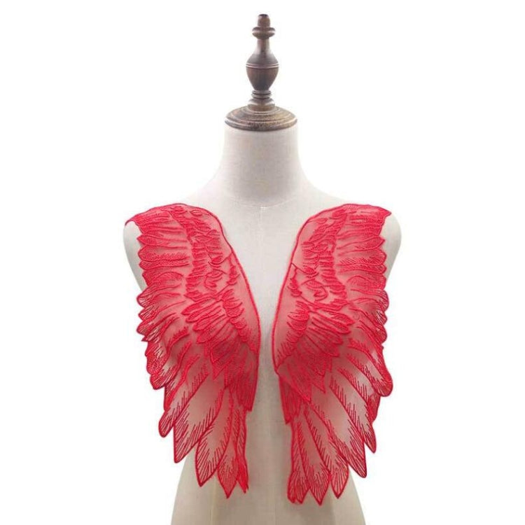 Red organza wing appliques with leaf embroidery, DIY accessory pair