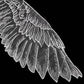 White organza wing applique with stitched feather lines, close-up