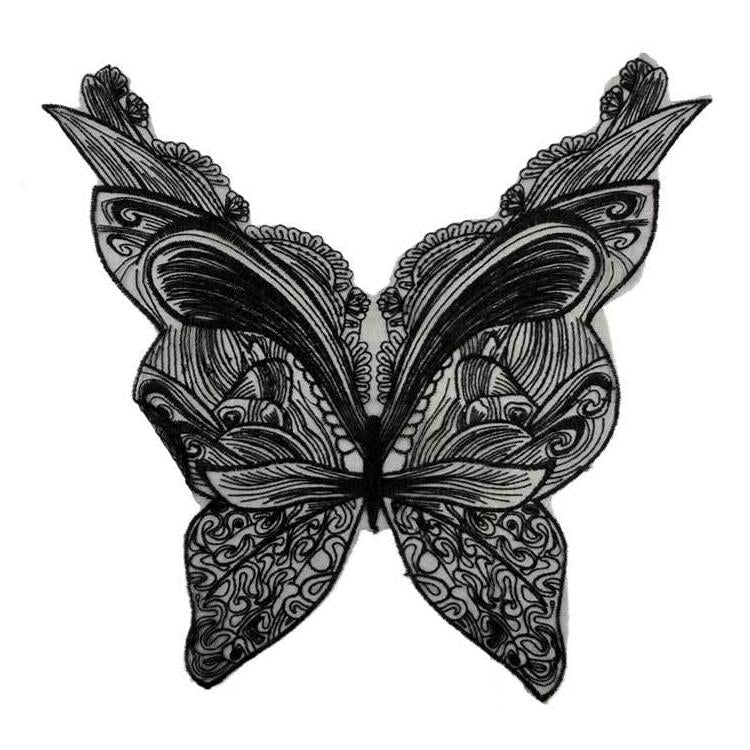 Butterfly lace collar with embroidered wing pattern, black lace detail on white