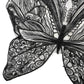 Close-up of butterfly lace collar embroidery in black and gray swirl details