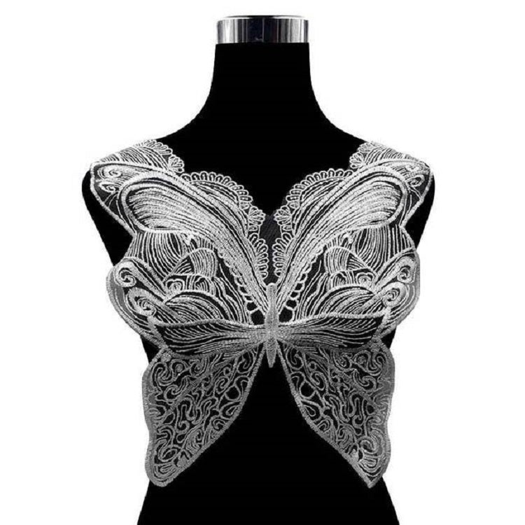 Butterfly lace collar with embroidered wing pattern, white lace on black display