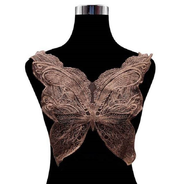 Butterfly lace collar with embroidered wing pattern, caramel brown lace on black display