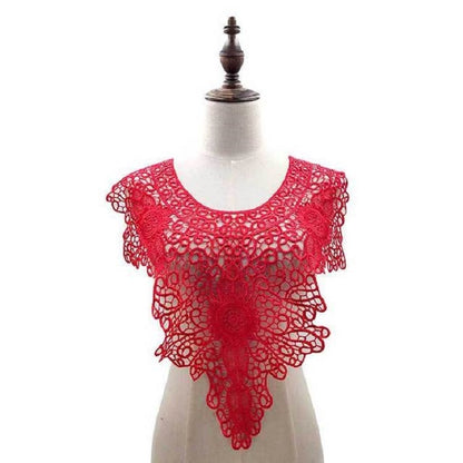 Red lace fake collar with floral cutout pattern and scalloped shoulder edges.