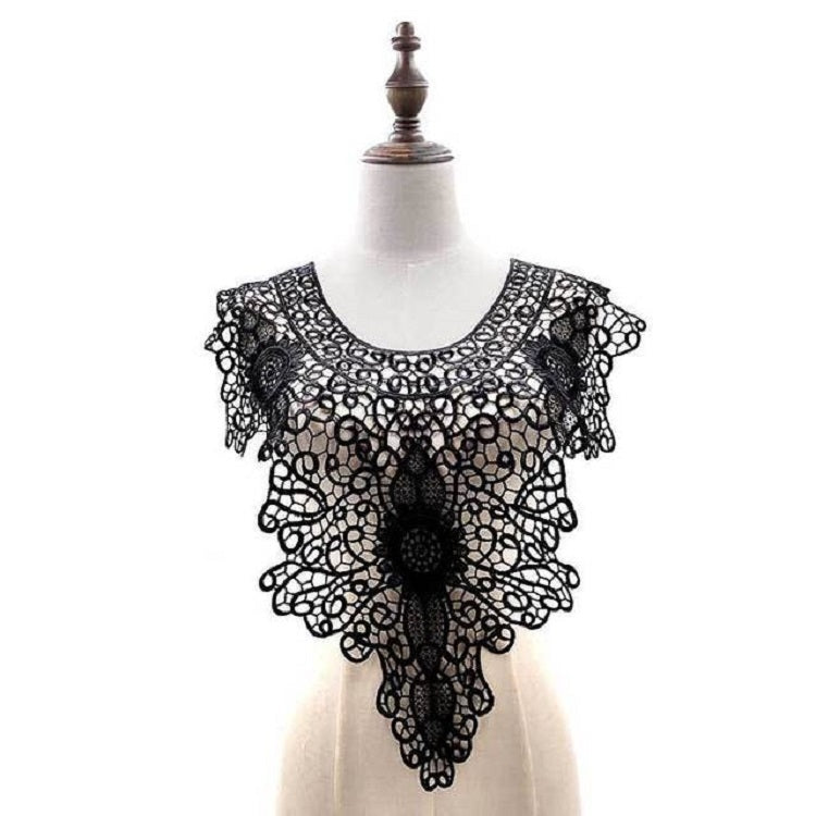 Black lace fake collar with layered floral cutouts, central rosette, and scalloped edges.