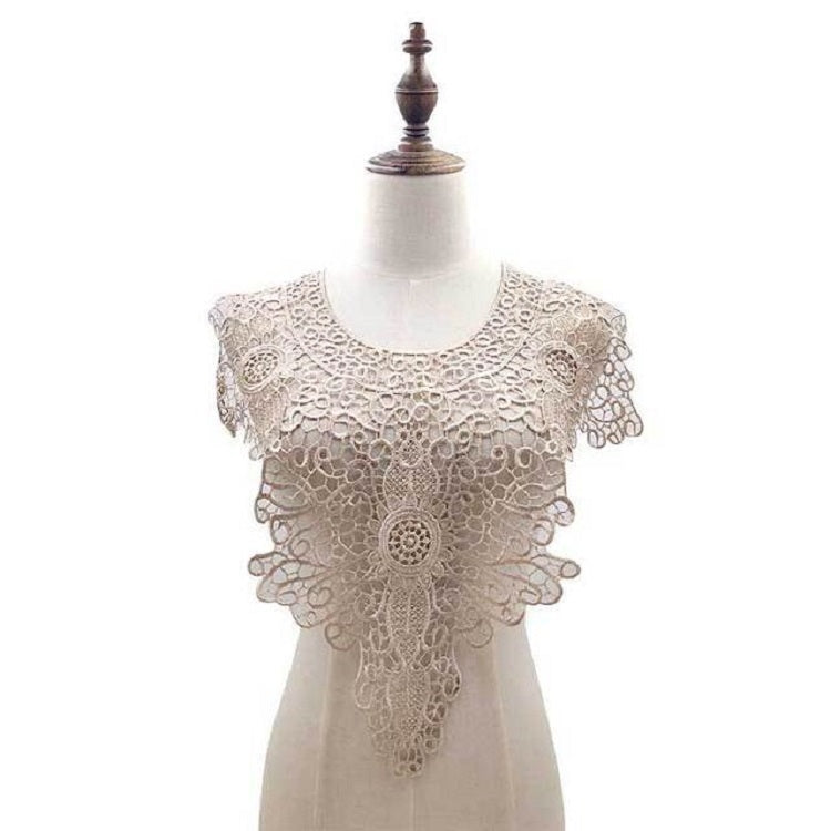 White lace fake collar with floral rosette center and scalloped shoulder trim.