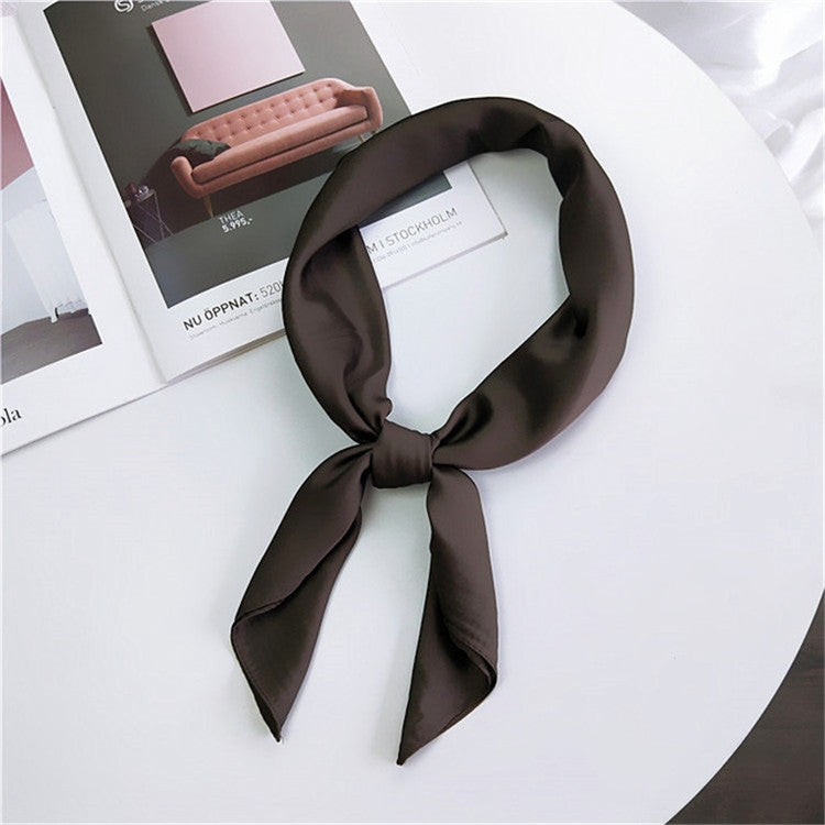 Solid-color satin square scarf with long tied bow, dark shade