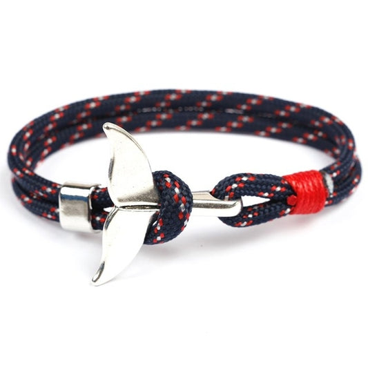 Navy and red flecked rope bracelet with a silver whale-tail clasp