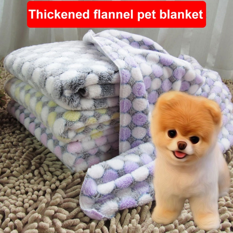 Pet flannel blanket, thick plush with pastel dot print; puppy on top