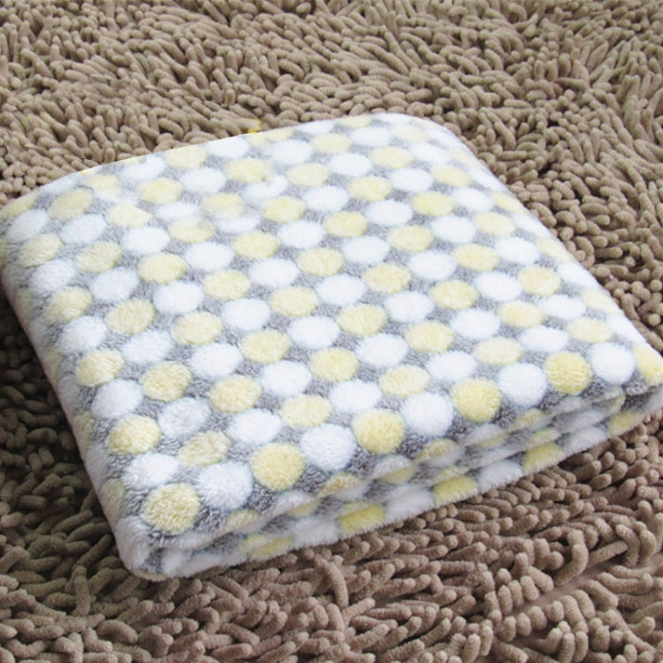 Flannel pet blanket with pastel yellow dot pattern, soft fuzzy top, folded edge