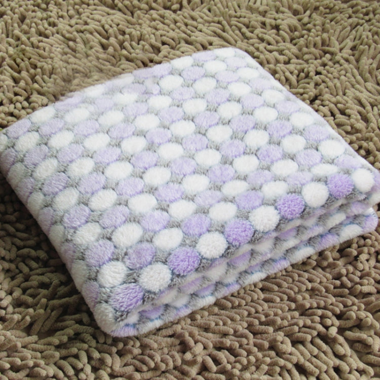 Flannel pet blanket with pastel lavender and pink dot pattern, soft fuzzy top, folded
