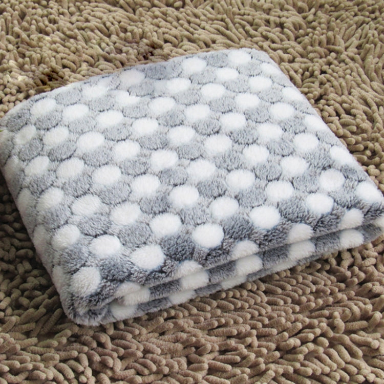 Flannel pet blanket with light gray and white dot pattern, plush fuzzy texture, folded