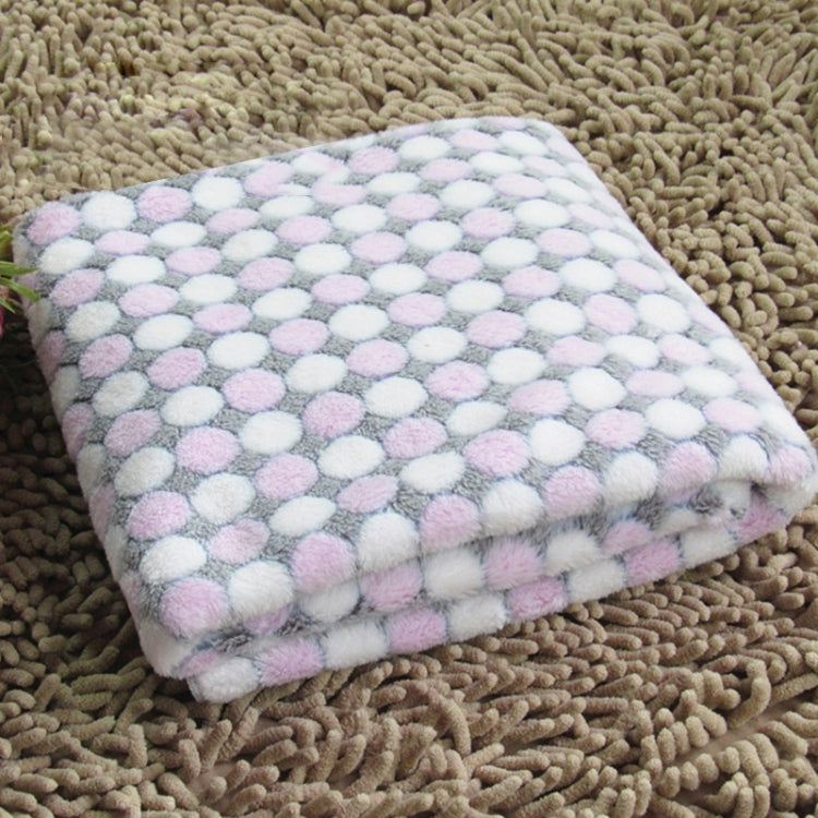Flannel pet blanket with pastel pink and lavender dot pattern, plush fuzzy top, folded