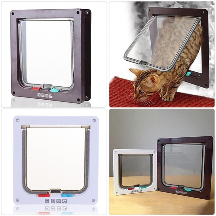 Lockable pet door panels shown in dark brown and white with clear flaps and lock controls