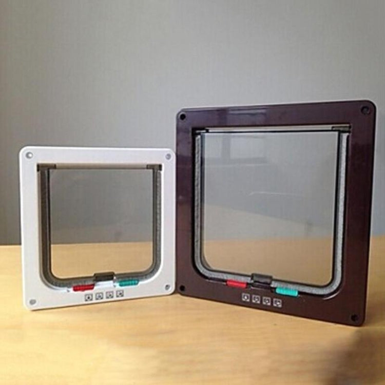 Two wall-mount lockable pet doors side by side in white and dark brown with clear flaps