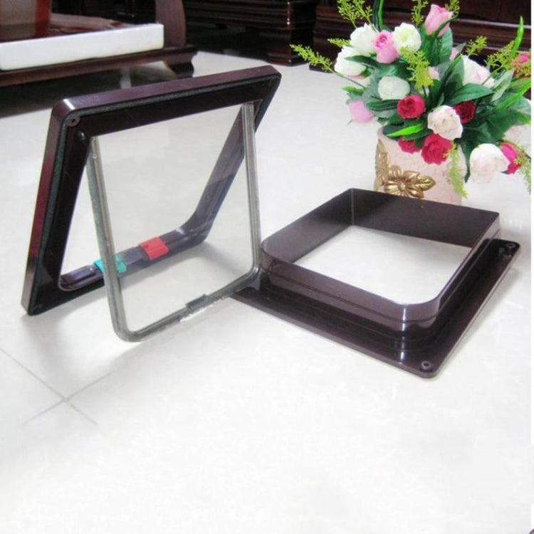 Lockable pet door with clear flap and dark brown frame, shown open on the floor