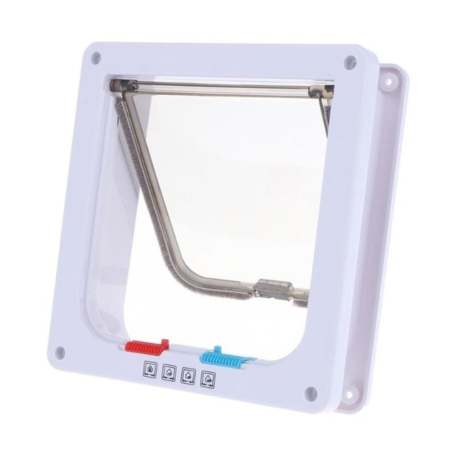 White wall-mount lockable pet door with clear flap and colored lock control buttons