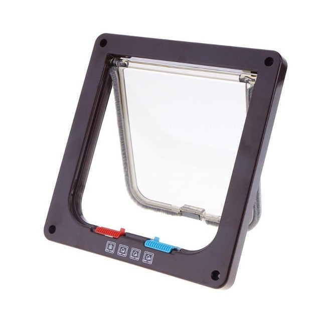 Brown wall-mount pet door with tunnel flap and 4-way lock buttons, square frame