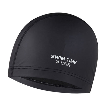 Black PU-coated waterproof swim cap with 'SWIM TIME' logo and stitched rim