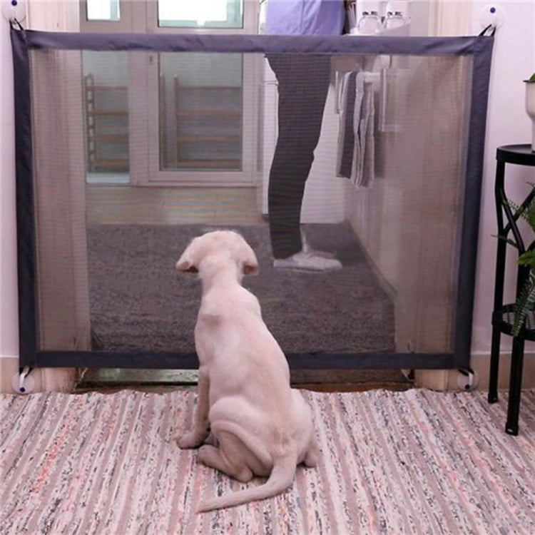 Portable folding pet fence gate with mesh panels and dark frame, room divider for dogs