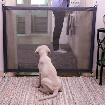Portable folding pet fence gate with beige mesh panels and dark frame, open entry space