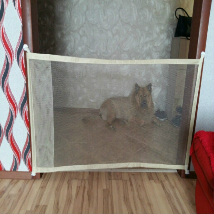 Close-up of portable pet fence gate mesh panel with black base and installed poles