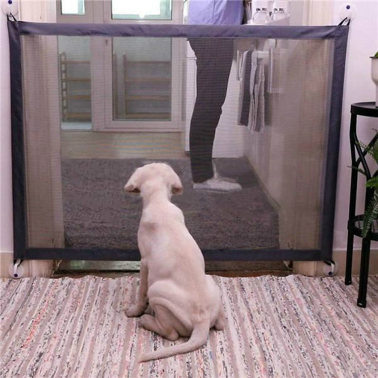 Portable folding pet fence gate with beige mesh panels and dark frame, pet containment