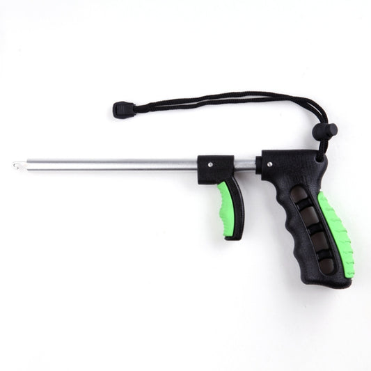 Fishing hook remover with long silver shaft, black handle with green grip, lanyard cord