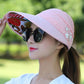 Women's wide-brim sun hat, pale pink with white flower applique and studs