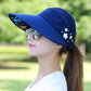 Women's wide-brim sun hat, dark blue with white flower studs