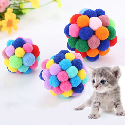 Colorful pom-pom bouncy ball cat toy set of three with gray kitten