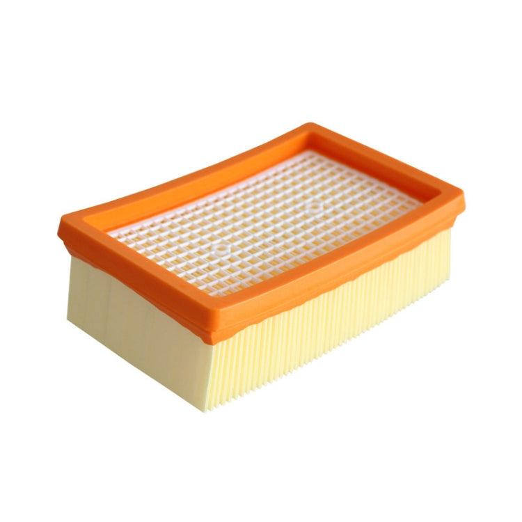 Flat vacuum filter element with orange frame and white mesh grid