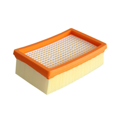 Flat vacuum filter element with orange frame and white mesh grid
