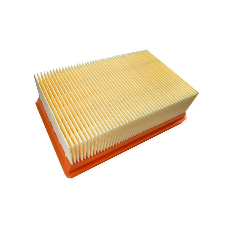 Vacuum filter element, angled view, yellow pleated paper over orange base
