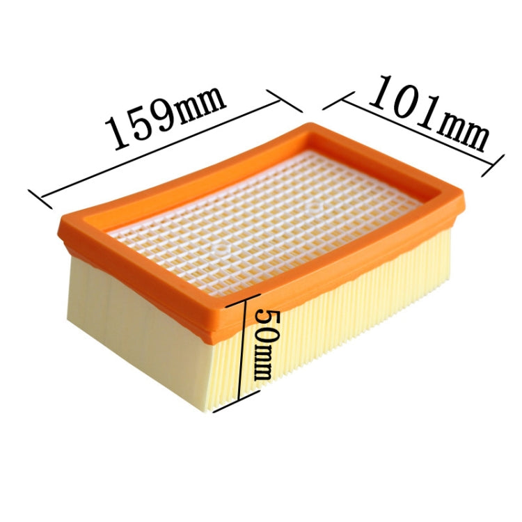 Vacuum filter element with orange frame and yellow paper filter, size marked 159x101mm