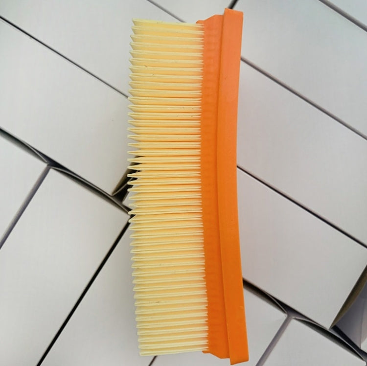 Vacuum filter element showing yellow pleats and orange side edge