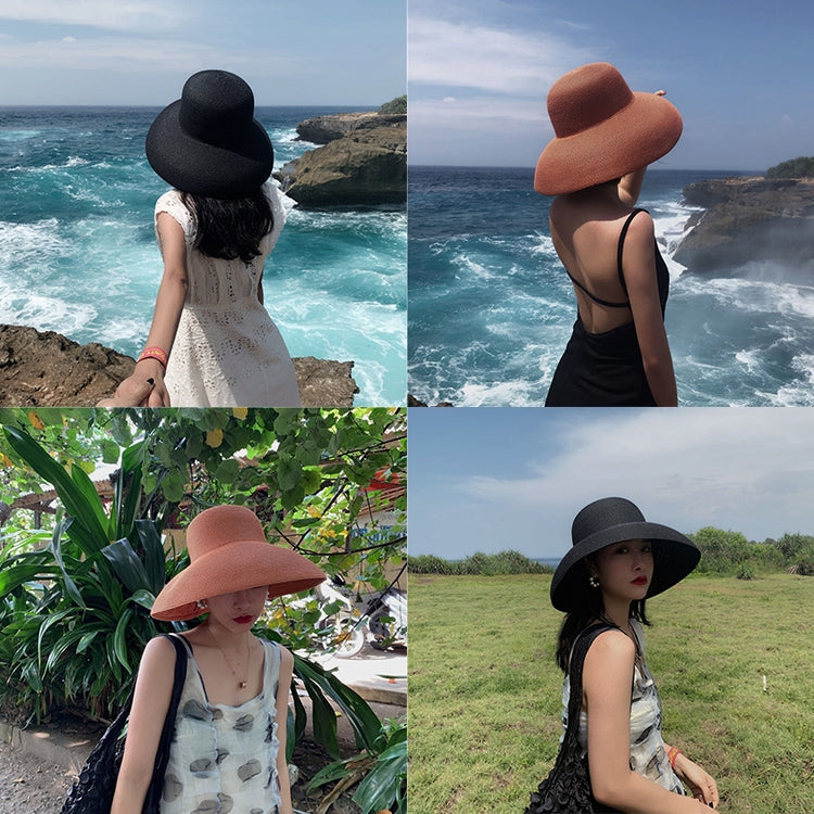 Set of straw sun hats on model in black and orange, wide brim and rounded crown