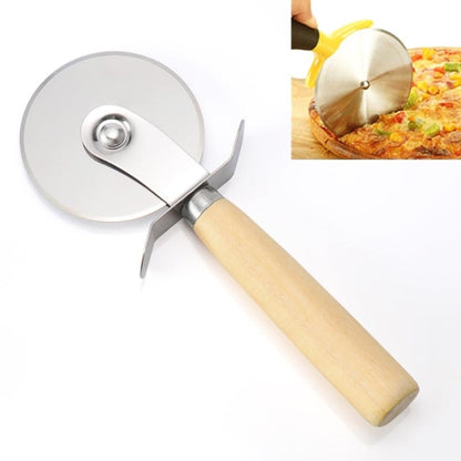 Stainless pizza cutter wheel with wooden handle and curved guard