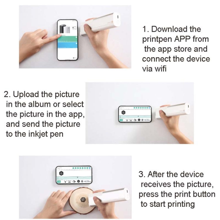 White inkjet pen printer connected with app steps shown on smartphone
