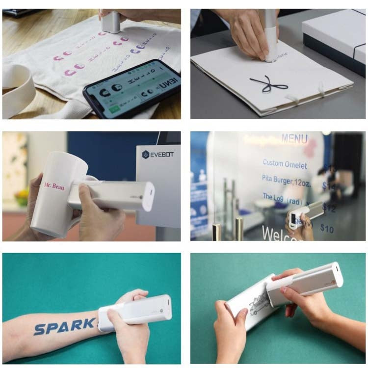 White inkjet pen printer creating designs on papers in a photo collage