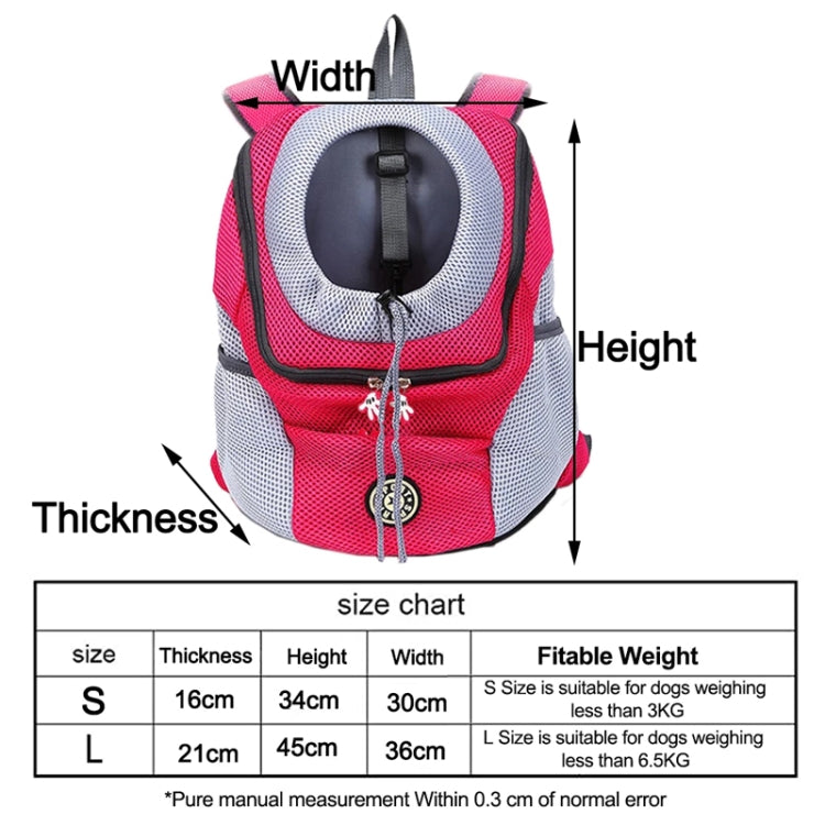 Pet carrier backpack size chart showing thickness, height, and width for S and L