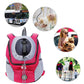 Soft-sided dog carrier backpack with ventilated front, pink and gray, standing upright
