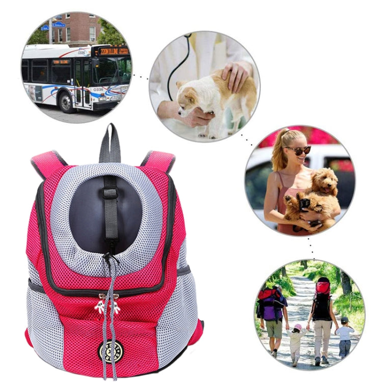 Soft-sided dog carrier backpack with ventilated front, pink and gray, standing upright