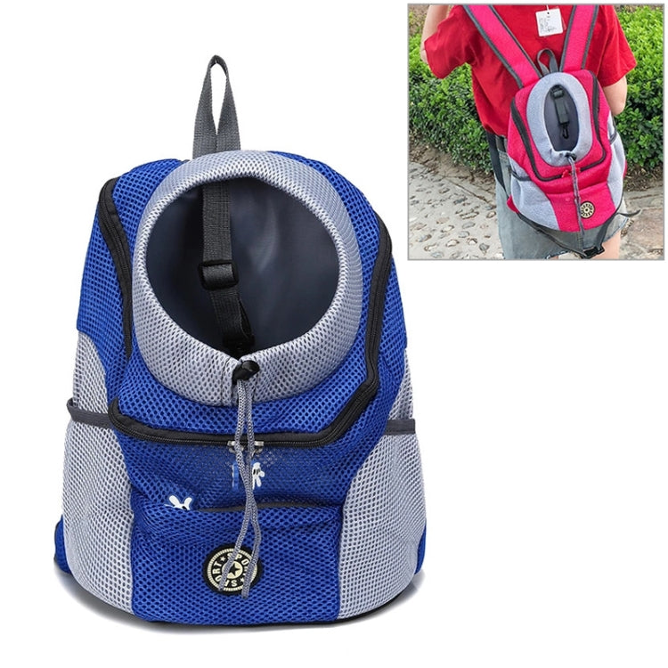 Outdoor pet dog carrier bag backpack with mesh panels, blue and white, top front zip opening