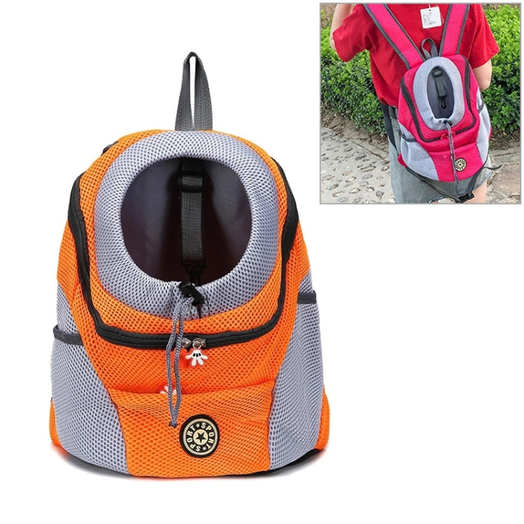 Outdoor pet dog carrier bag backpack with mesh panels, orange and white, front top zip opening