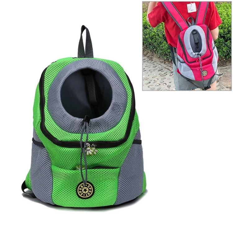 Outdoor pet dog carrier bag backpack with mesh panels, green and white, top front zip opening