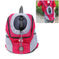 Outdoor pet dog carrier bag backpack with mesh panels, pink and white, front view with lanyard charm