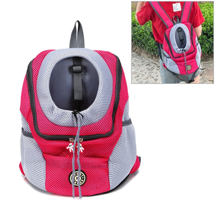 Outdoor pet dog carrier bag backpack with mesh panels, pink and white, front view with lanyard charm