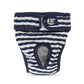 Striped dog physiological pants in navy and white, front view with mesh panel