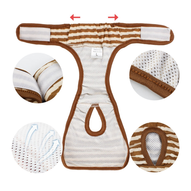 Striped dog physiological pants in brown and white, front view with mesh panel