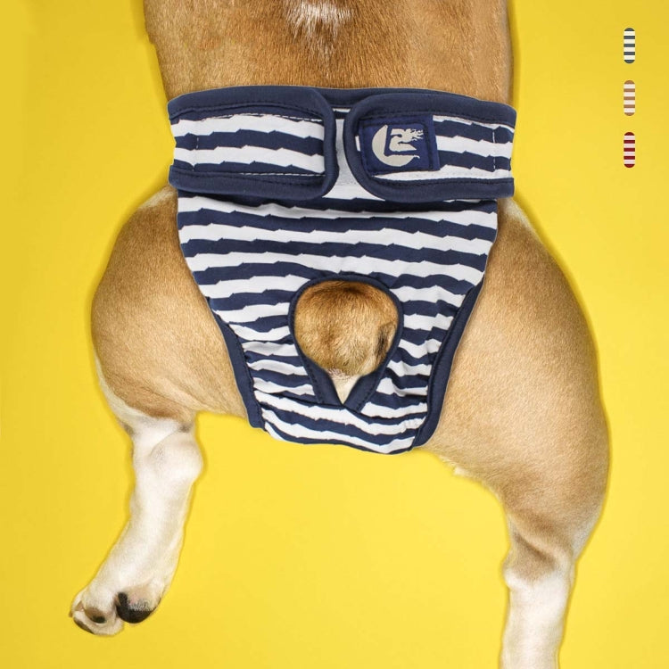 Striped dog physiological pants in navy and white, worn on a dog